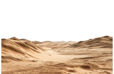 Fototapeta premium Expansive desert terrain with rolling sand dunes under a clear sky isolated on transparent background