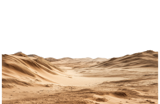 Expansive desert terrain with rolling sand dunes under a clear sky isolated on transparent background