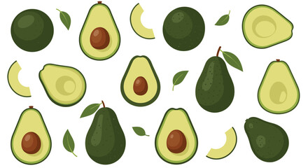 Obraz premium Fresh green avocados with leaves and slices arranged in a pattern.