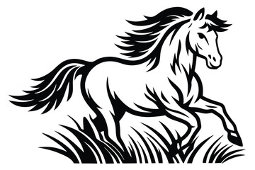 Galloping Horse Silhouette with Mane in the Wind Isolated on White Background