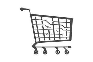 Gray Shopping Cart Icon in with Circuit Board Pattern on White Background