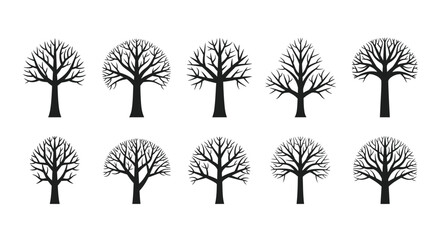 Fototapeta premium Collection of diverse bare tree silhouettes in black and white.