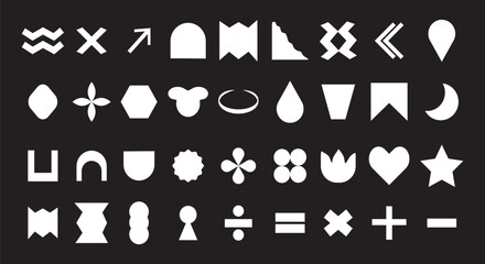 Basic geometric shapes kids, black cute line and flat icons set, cartoon characters isolated on black background. Education and children game. Geometric primitives vector collection. 