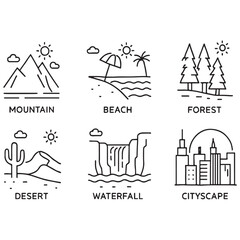 natural and urban scenery, mountain, beach, forest, desert, waterfall, 
cityscape, canyon vector