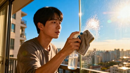 아파트베란다창문청소하는한국인