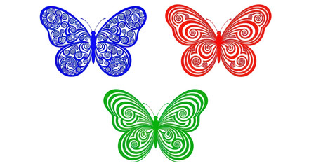 Fototapeta premium Three Ornate Decorative Butterflies in Blue Red and Green Colors.