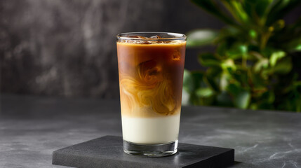 Iced latte coffee drink with milk swirling in clear glass on dark surface with green plant background