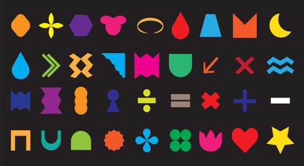 color vector, Brutalist abstract geometric shapes and grids. Brutal contemporary figure star oval spiral flower and other primitive elements. Swiss design  Bauhaus design on black background eps10,