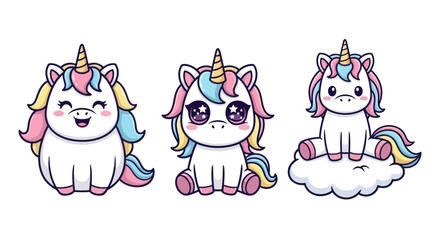 Collection of three cute kawaii unicorn cartoon characters.