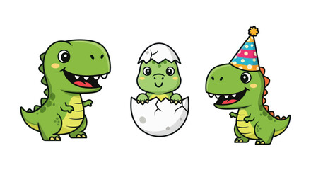 Cute cartoon dinosaurs celebrating a birthday with a hatching baby dinosaur.