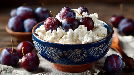 Cottage cheese with fresh cherry berries plums