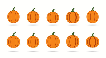 Collection of ten stylized orange pumpkins with green stems in flat design.