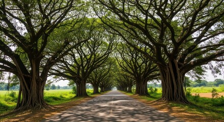 Fototapeta premium Banyan Tree Tunnel: A Roadway Canopy of Intertwined Branches and Sunlight Shadows