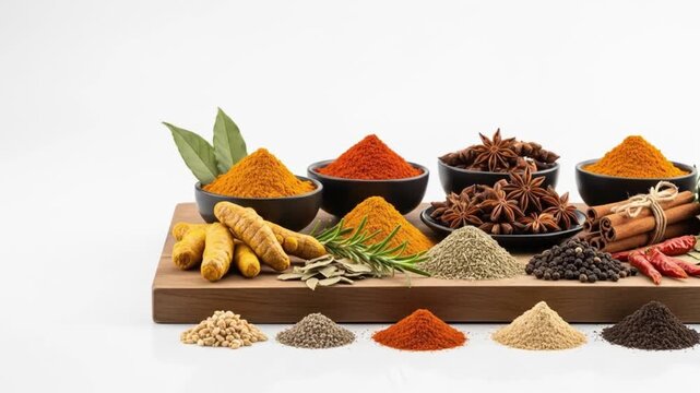 Flavorful spice showcase on wooden board