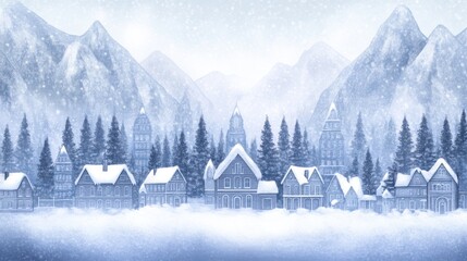Snowy village in mountains winter scene