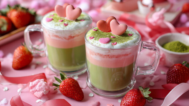 Pink matcha latte with heart shaped marshmallows and fresh strawberry on pink background, creating sweet and romantic mood