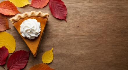 Fototapeta premium Slice of pumpkin pie with whipped cream and autumn leaves on a rustic wooden background for seasonal, holiday, and Thanksgiving concepts