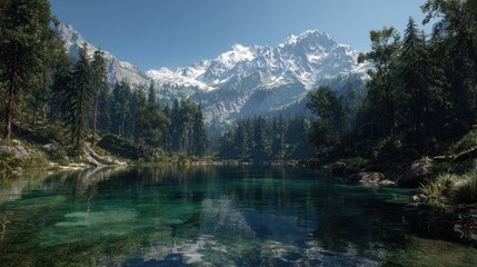 Alpine lake reflecting snowy peaks. Lush forest surrounds tranquil water