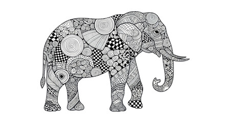 Detailed monochrome elephant artwork with intricate patterns and textures.