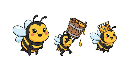 Set of three cute cartoon honey bee characters.
