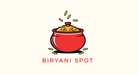Illustrated logo for 'Biryani Spot' featuring a red cooking pot overflowing with steaming hot yellow rice on a plain background.