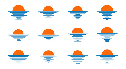 Set of stylized sunrise and sunset icons over water reflection.