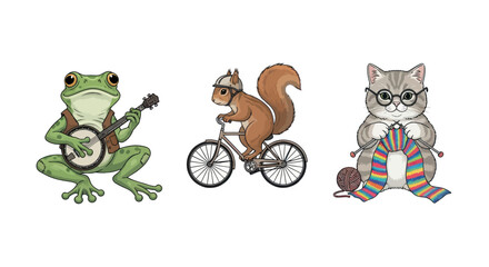 Frog playing banjo squirrel on bike cat knitting with glasses.