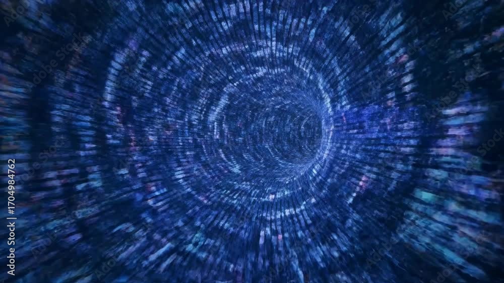 Wall mural abstract digital tunnel of binary code, deep blue data stream, futuristic technology background