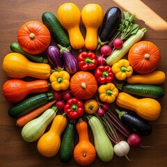 Harvest vegetables flatlay arrangement on rustic wood for healthy food, farmers market, and seasonal cooking concepts