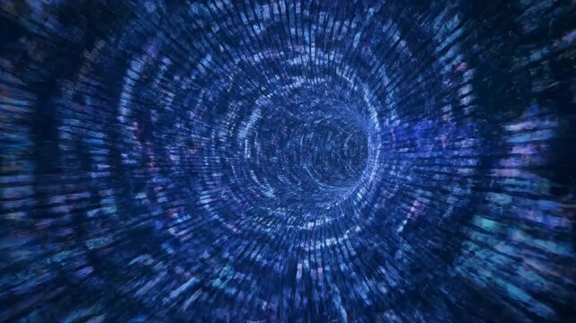 Abstract Digital Tunnel of Binary Code, Deep Blue Data Stream, Futuristic Technology Background