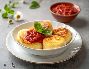 Creamy cheese patties with tomato sauce