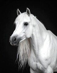 Naklejka premium Elegant white horse portrait against black backdrop