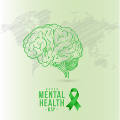 World Mental Health Day Green Brain Ribbon Awareness Vector