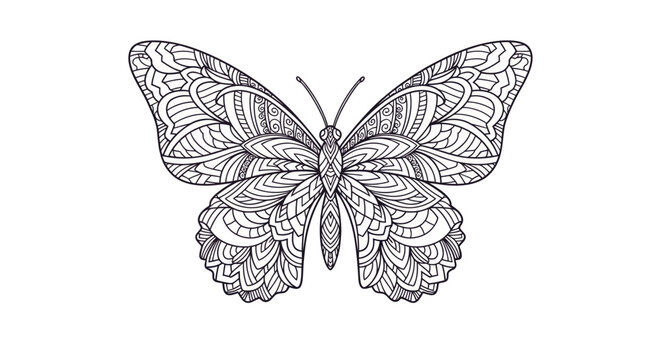 Intricate zentangle butterfly line art for coloring book page.