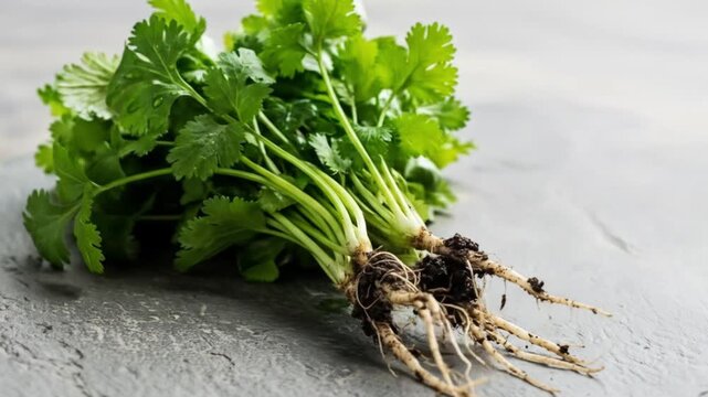 Fresh cilantro bundle root detail