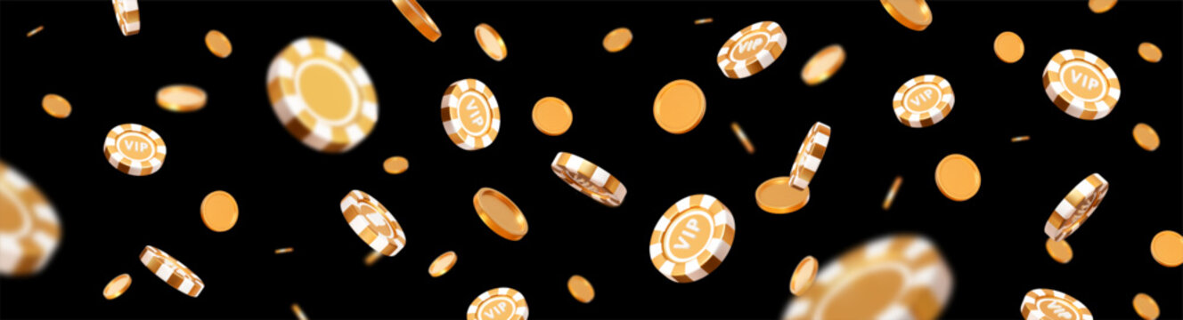3d flying golden VIP casino poker chips and coins with different angles. Gold and white chips for betting and gambling games. Stock vector illustration on black isolated background.	