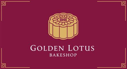A golden mooncake sits atop the name Golden Lotus Bakeshop on a deep red background with decorative borders.