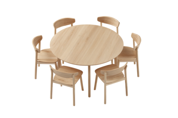 Overhead view of a light-colored wooden round table with four chairs arranged evenly around it.  A simple,  functional dining set