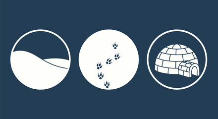 Set of three circular icons depicting winter arctic scenes.