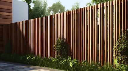 Modern vertical wooden fence design with lush greenery providing privacy and enhancing the