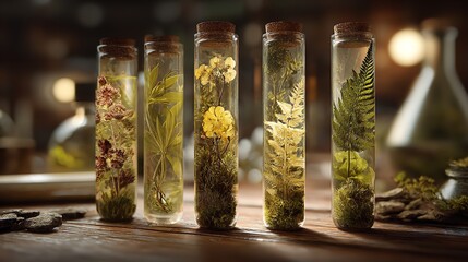 The collection of glass bottles filled with natural herbs and essential oils.