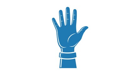 Stylized blue hand raised with fingers spread and white wristband.
