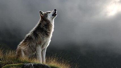 Majestic wolf howling at sun, misty mountains