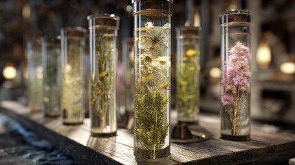 The collection of glass bottles filled with natural herbs and essential oils.