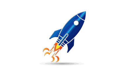 Blue rocket blasting off with fiery exhaust and upward motion.