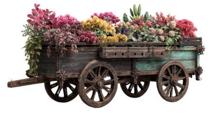 Antique wooden cart overflowing with colorful flowers