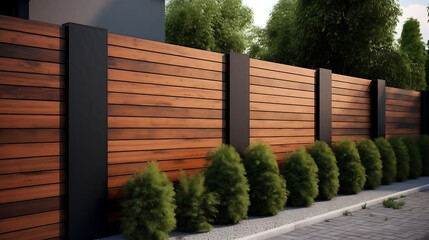 Modern wood fence design with dark posts and neatly trimmed bushes creating a clean outdoor border