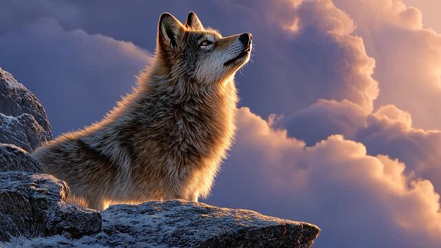 Majestic wolf silhouetted against a vibrant sunset sky