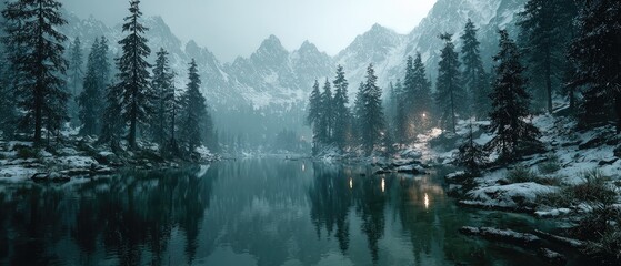 Snowy mountain lake reflecting tranquil forest