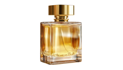 Golden amber perfume bottle.  Clear glass bottle with gold accents.  Square shape with a gold cap.  Liquid inside appears amber